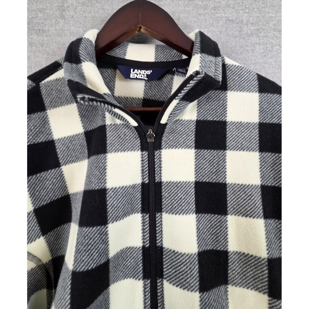 Lands End Fleece Jacket 1X Black Buffalo Plaid Full Zip Outdoor Lightweight